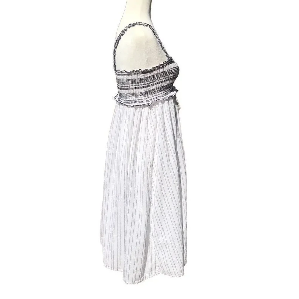 Pinko Basso White Black Striped Smocked Peasant Sundress Midi Dress Size S - Picture 5 of 11